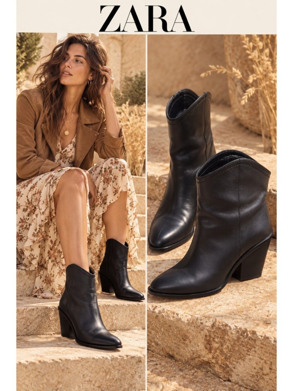 ZARA Black Genuine Leather Western Cowboy Ankle Boots Size 40 US 9